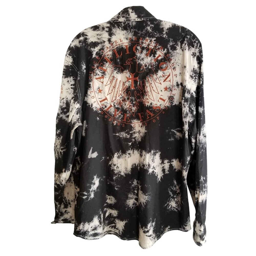 AFFLICTION Button Front Shirt Black White Embroidered Back Men's size L NWT